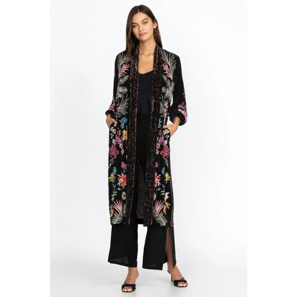 Johnny Was Tiarei Velvet Bishop Sleeve Kimono Coat Floral Embroidery Black New - Picture 3 of 15